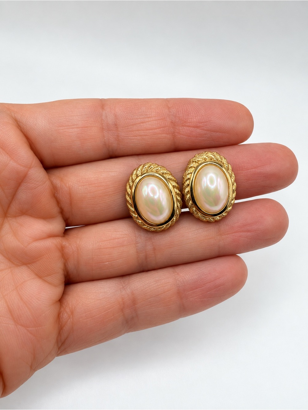 Christian Dior Gold Pearl Clip Earrings Vtg Rope Faux Cabochon Oval Germany 80s